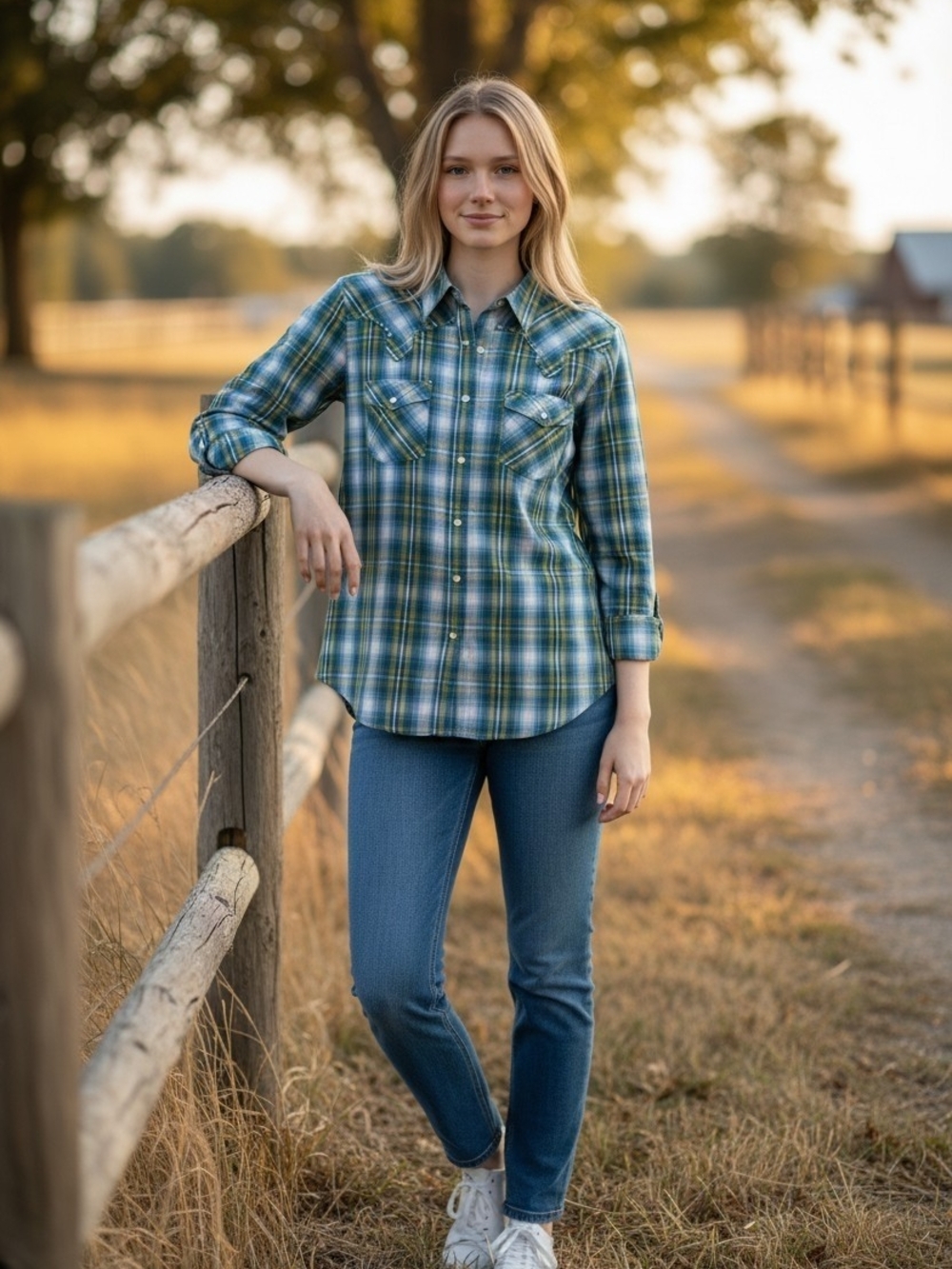 Rockies WESTERN Embellished Blue & Green Plaid Button-Down Shirt Sz L
